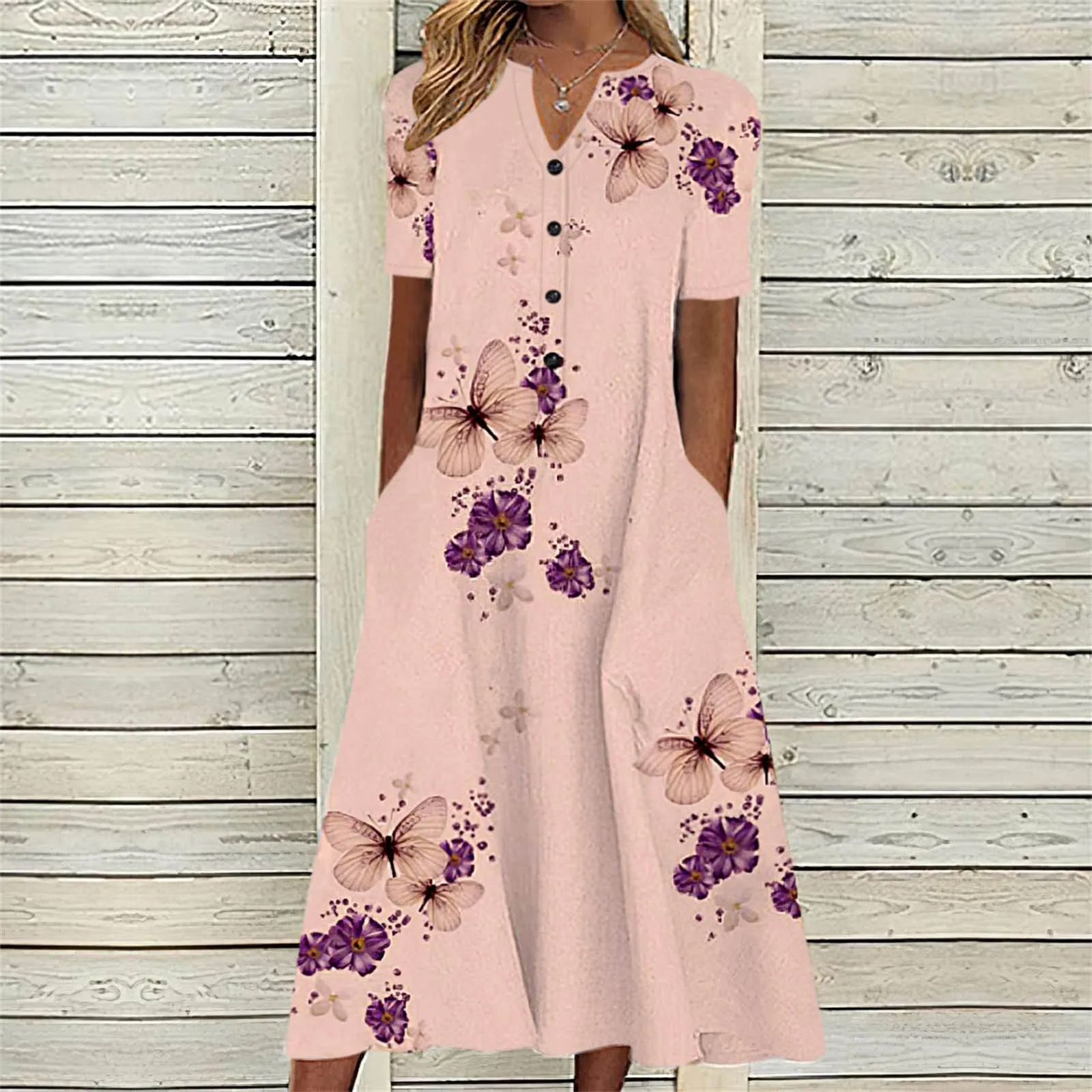 Women Long Dresses Pockets Beach V Neck Casual Button Short Sleeve Dress Floral Print Ladies Loose Baggy Swing Dress Summer