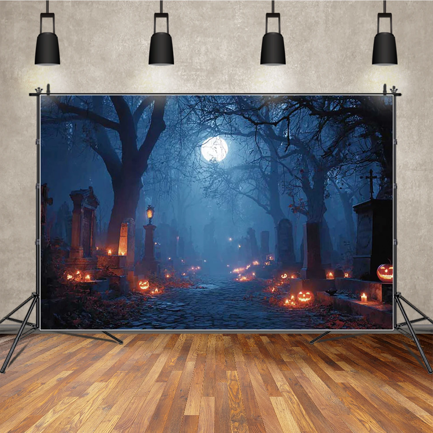 

MOON.QG Gloomy Cemetery Halloween Backdrops Lanterns Trees Fog Background Photographs Portrait Decoration Photo Studio Shooting