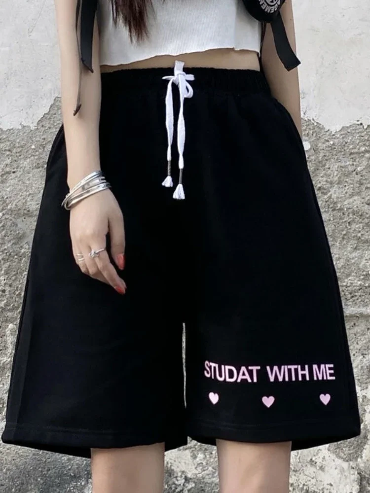 Black Women Shorts Summer 2025 High Waist Casual Printed Knee Length Pants Female