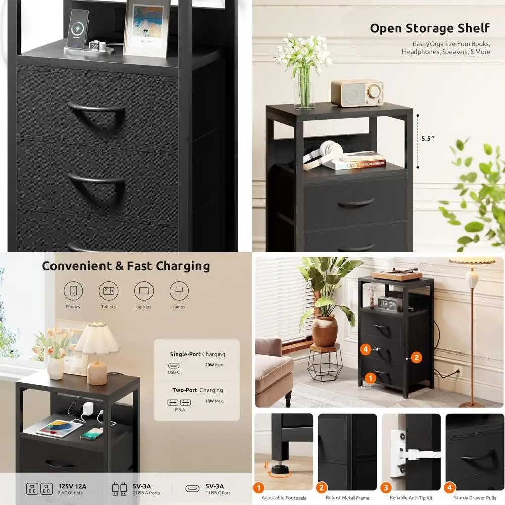 

Современная прикроватная тумба с USB-C, черная, с 3 ящиками и открытой полкой для спальни, общежитий и жилых помещений