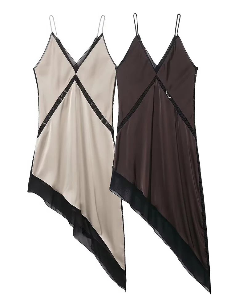 HH Women Sexy Satin Asymmetric Midi Dress Spring Summer Female Fashion Backless Sling V-neck Holiday Party Beach Short Dresses