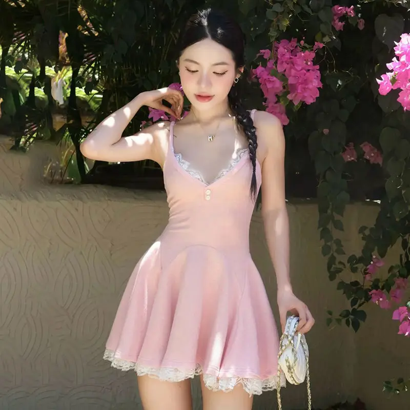 

Spaghetti Strap Pink Sweet French Lace Stitching V-Neck Suspender Dress A-Line Sundress Cute Coquette Mini Dress Holidays Korean