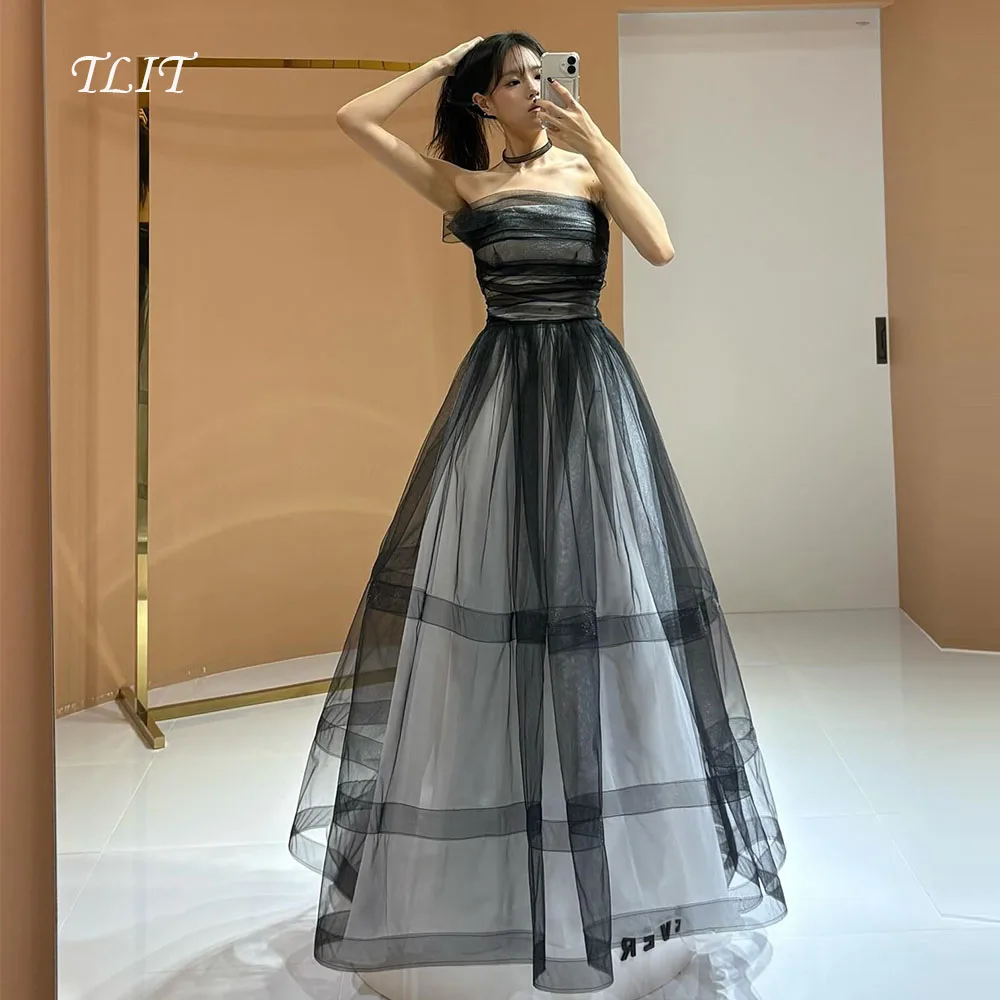 

TLIT Simple Contrast Color Tulle Evening Dress이브닝 드레스 Korea Wedding Dresses Photo Shoot Strapless Prom Gown Customized