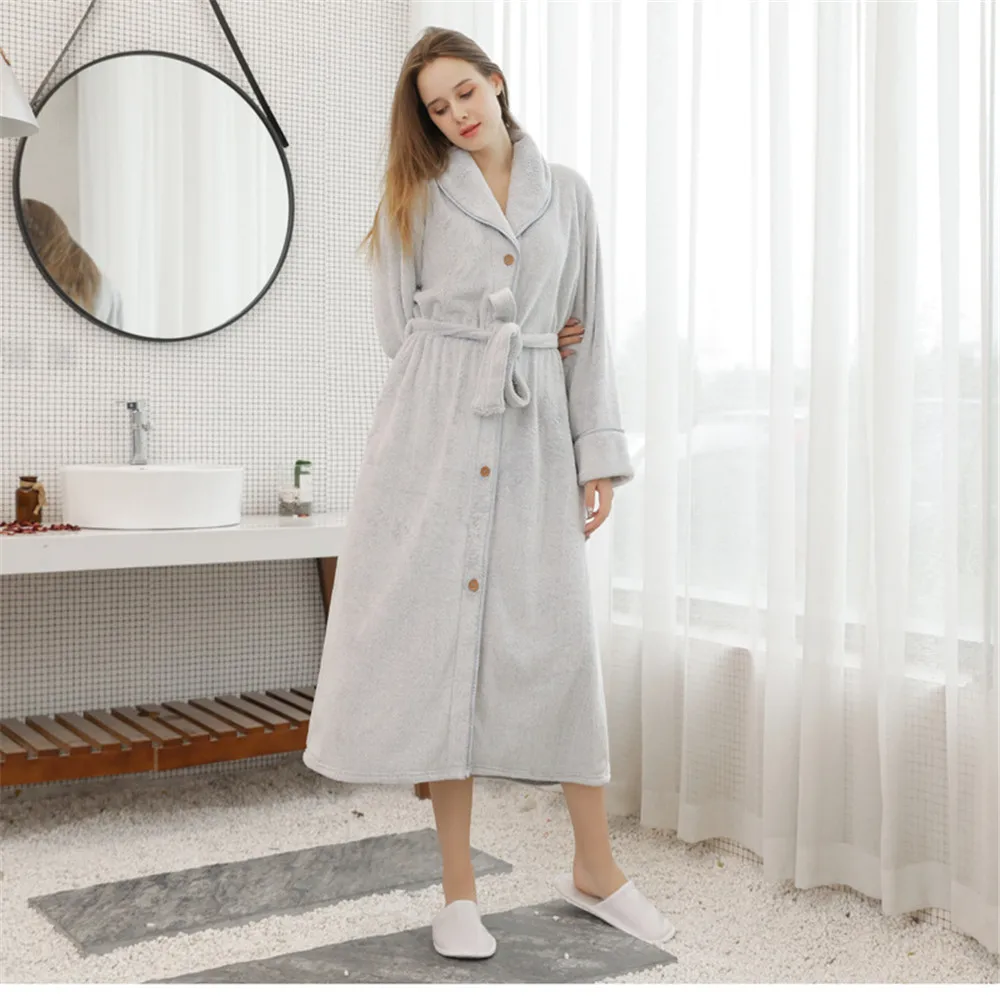 Long Nightgown for Men and Women, Warm Flannel Sleepwear, Shower Robe, Home Clothes, Button Bathrobe Gown, Winter and Autumn