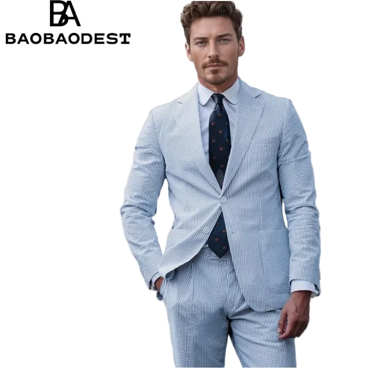 

Men's Summer Suit 2-Piece Seersucker Casual Slim Fit Pinstripe Blazer & Pants Lightweight Breathable Formal Wedding Office Wear