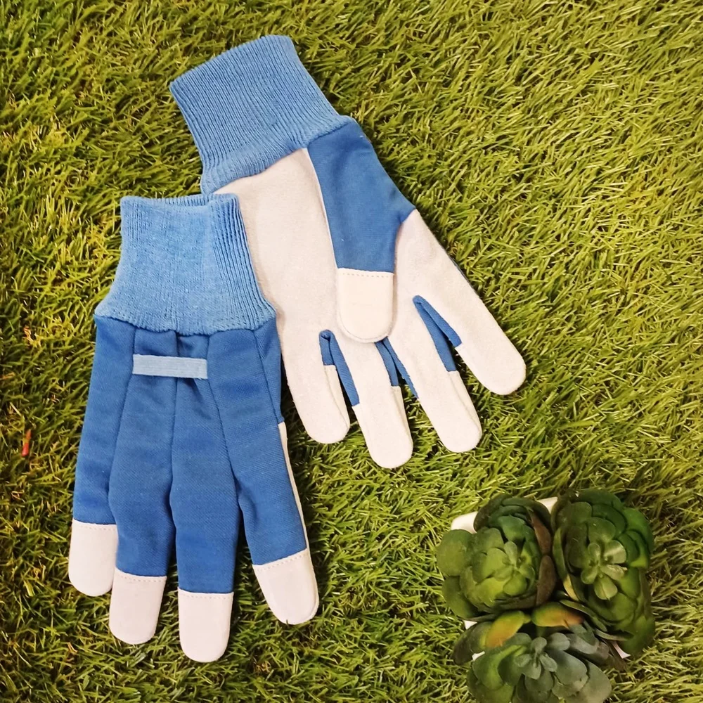 Ladies Durable Cowhide Leather Gloves with Canvas Back Knit Wrist Yard Garden Tasks Comfortable Protection