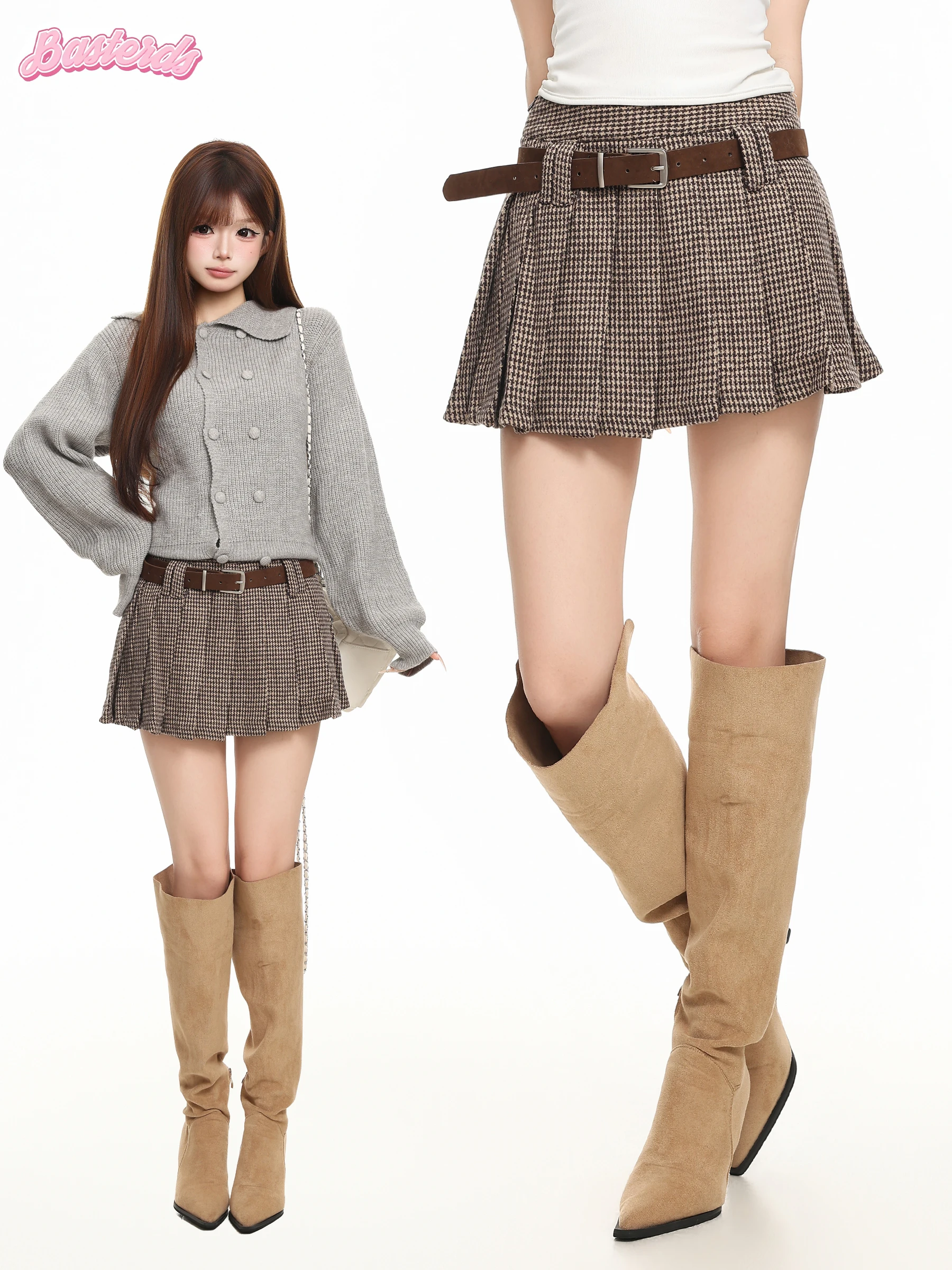 BASTERDS Preppy Style Vintage Plaid  Skirt Women's Autumn Design A-Line Woolen Skirt Short Skirt Breathable Skin-Friendly