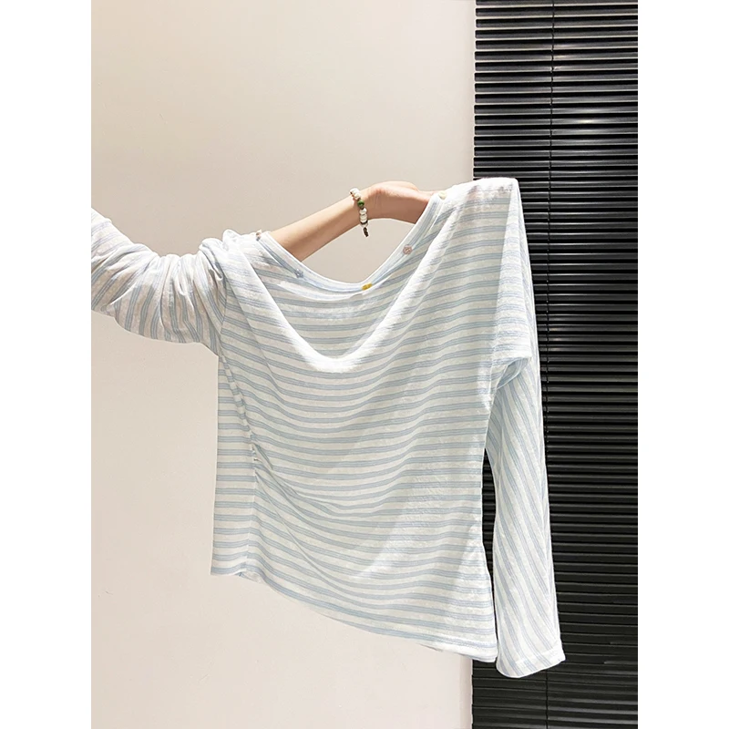 Classic Striped Long-Sleeved Sunscreen Shirt, Women's Summer New  Pleated Waist-Fitting Slimming Irregular Short Top