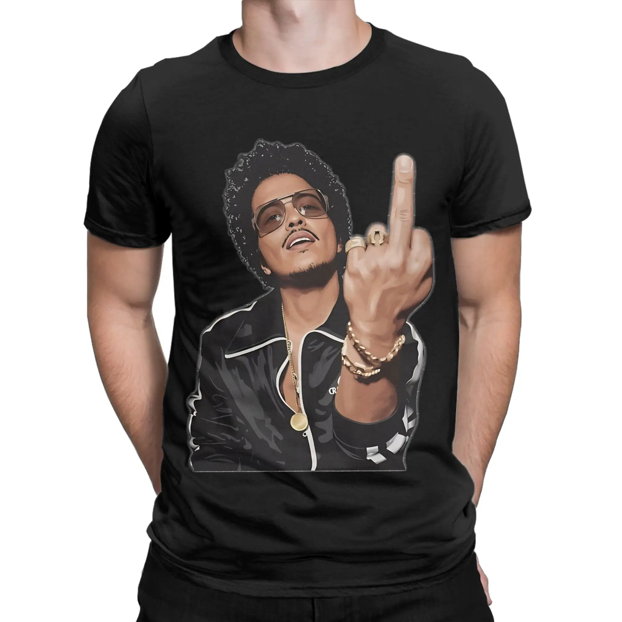 Bruno Mars Middle Finger Funny Retro Art Funny 100% Cotton T-Shirt Bruno Mars Tees Tops For Men