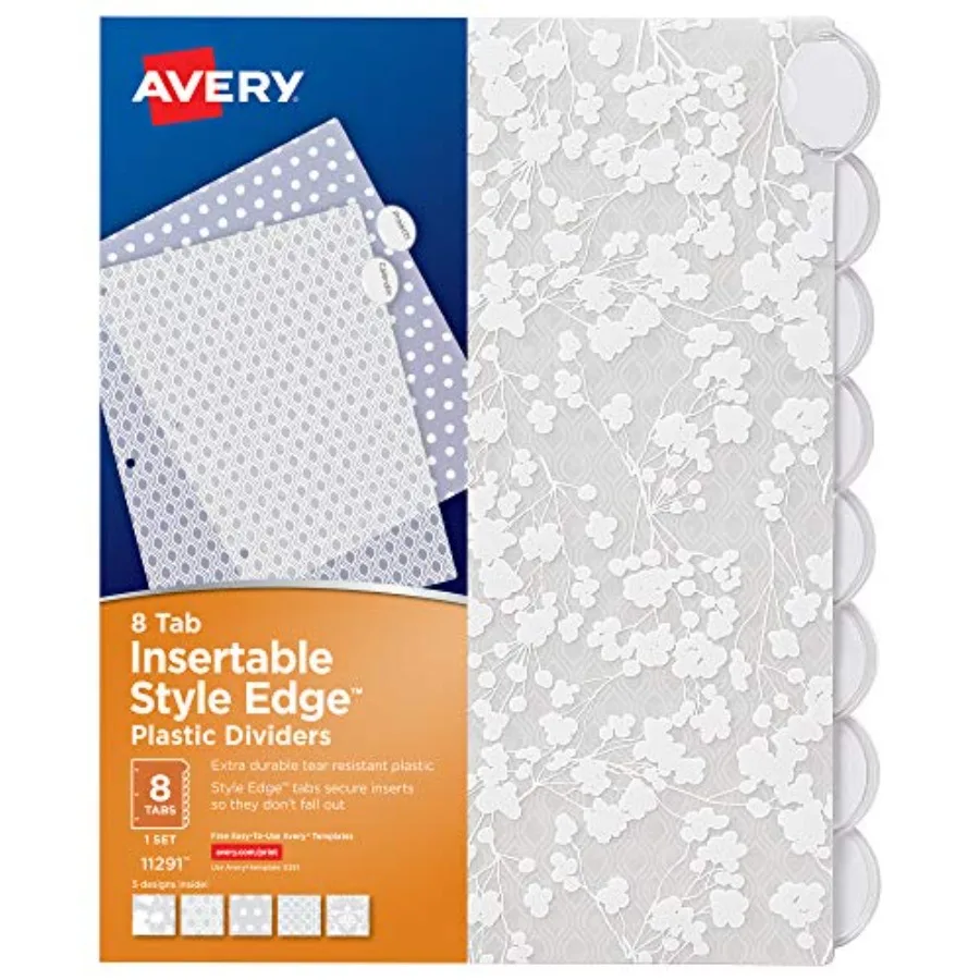

Insertable Style Edge Plastic Dividers for 3 Ring Binders, 8-Tab Set, Assorted White Frosted Designs, 29