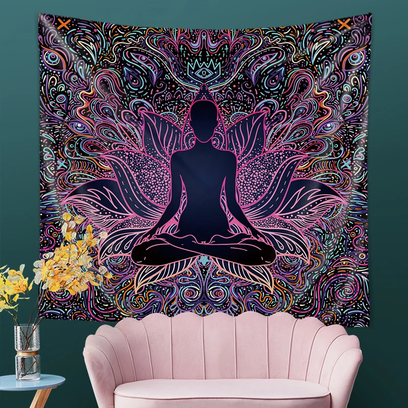 Indian Buddha Statue Meditation 7 Chakra Tapestry Wall Hanging Mandala Cloth Psychedelic Yoga Carpet Sizes Travel Boho Decor