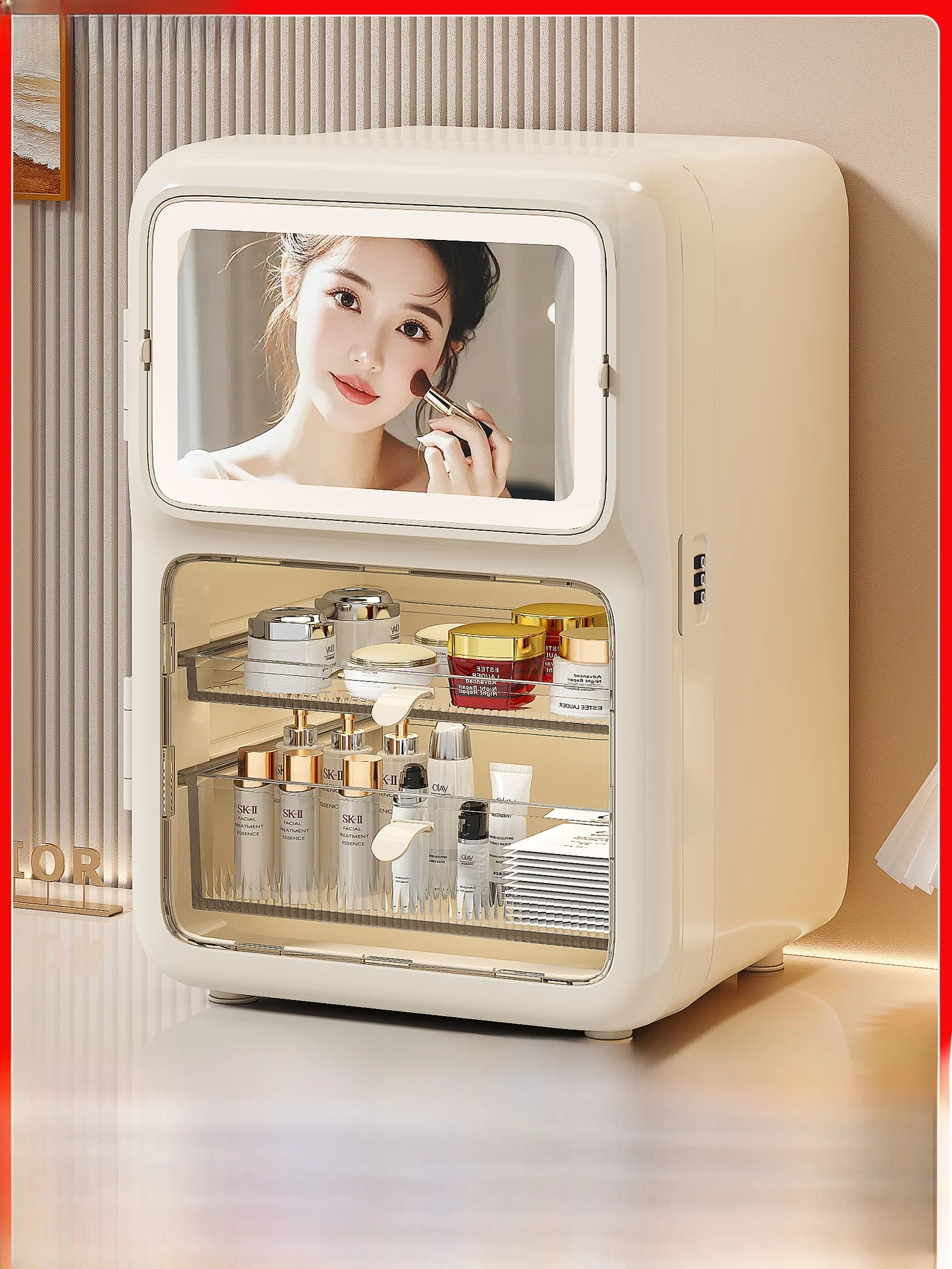 

Новая большая косметичка-органайзер 2026 года с зеркалом, настольный контейнер для макияжа и уходовых средств, прямоугольный, в кремовом стиле