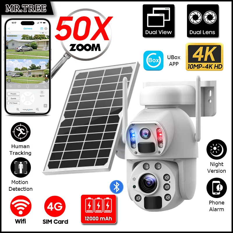 4K 10MP 50X Zoom 4G Solar Camera Dual Lens Dual Screen Human Detect Surveillance Auto Tracking Outdoor WIFI CCTV Security IP Cam
