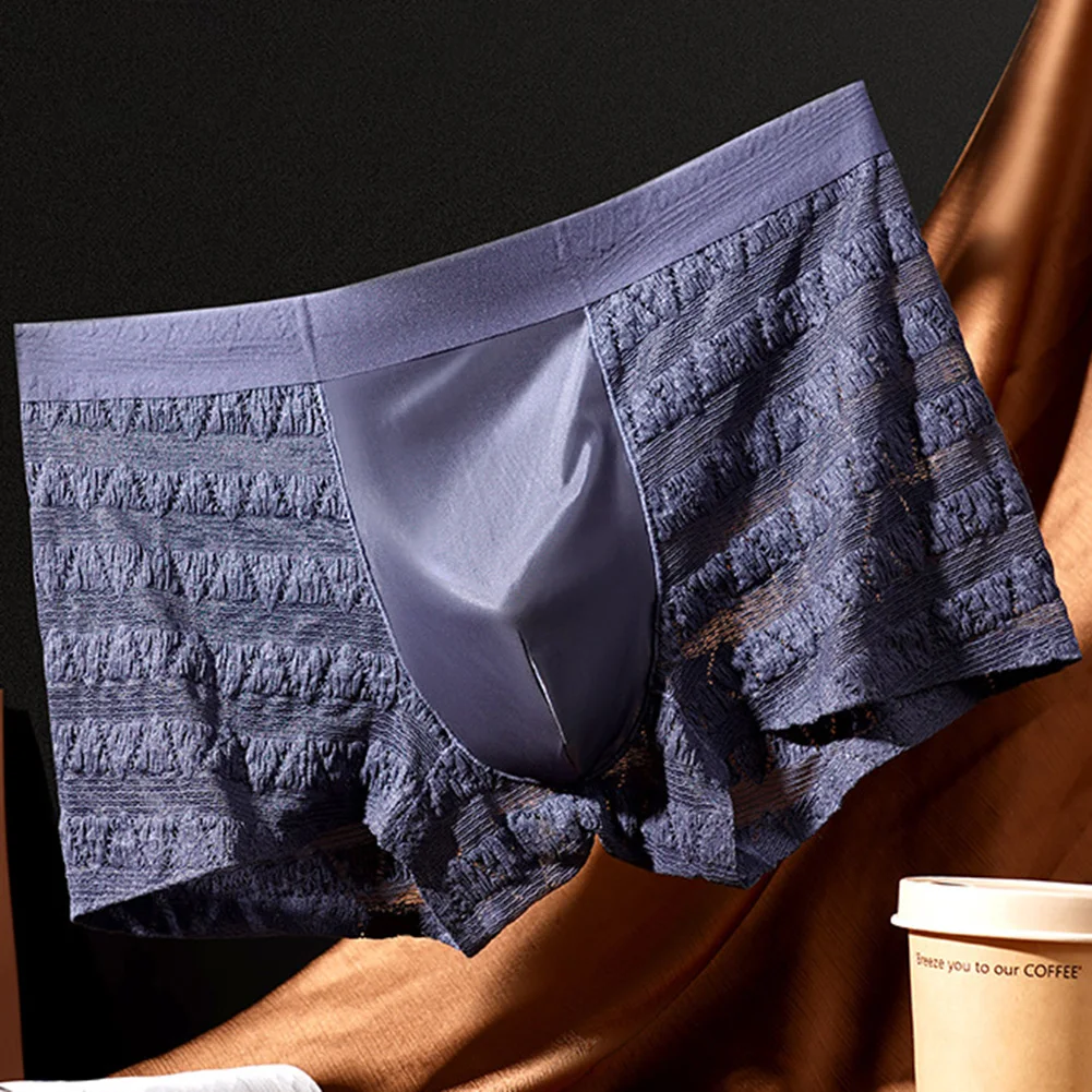 Men Wrinkle Jacquard Solid Boxers See Through Underwear Mesh Sheer Mid Rise Trunk Stretch Briefs Breathable Panties Man Clothes