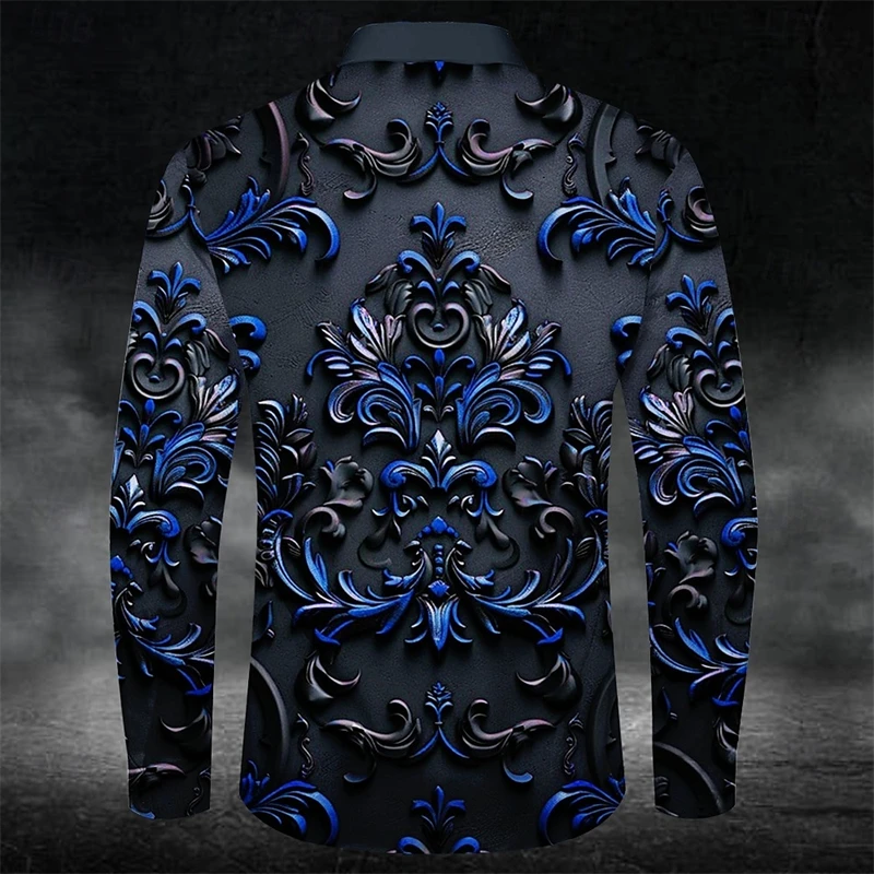Fashion Relief Sculpture Graphic Shirts Trend Spring Autumn 3D Printed Long Sleeve Shirt Loose Streetwear Lapel Mens Clothing
