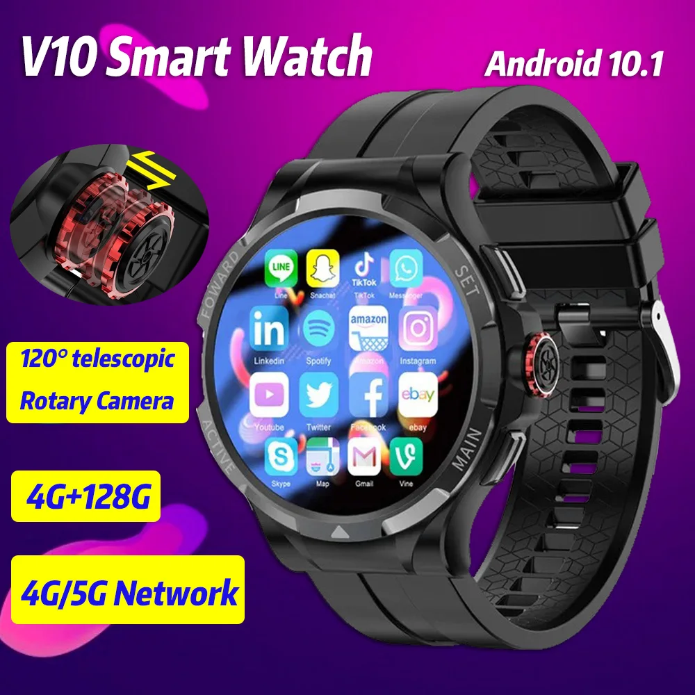 

2024 NEW V10 Smart Watch Upgrade Chip SIM Card 128GB ROM Android 9 Telescopic 120° Rotary Camera WIFI GPS Smartwatch Men