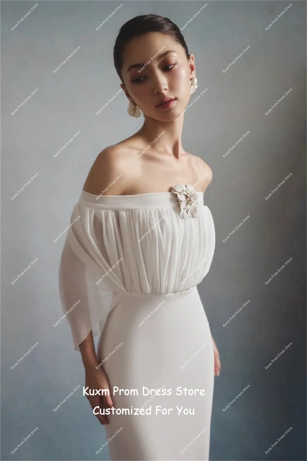 Kuxm Elegant Satin Wedding Dresses Korean Strapless Flowers Vestidos De Novia Off The Shoulder Ankle Length Dress Customized