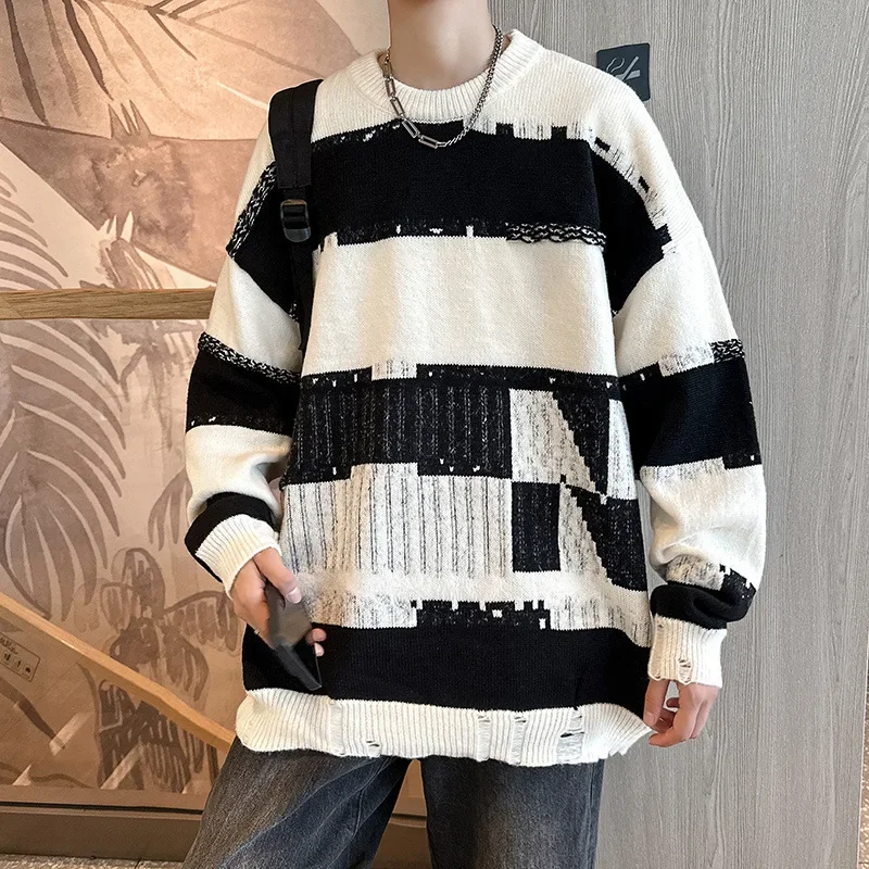 Y2k Striped Patchwork Crewneck Pullover Sweaters Men Loose Knitted Pullovers Streetwear Mens Oversized Korean Fashion Sweater