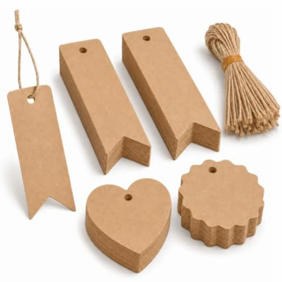 200PCS Kraft Paper Gift Tags with String, 3 Shapes Brown Hang Tags, Dovetail, Scalloped Round and Heart, Assorted Sizes 2.8 x 0