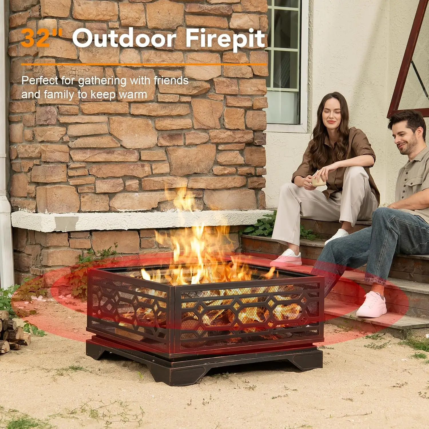 Outdoor Fire Pit 32 Inch Wood Burning Firepit With Mesh Cover And Fire Poker Large Square Metal Fireplace For Patio Backyard Garden Bonfire Party Black 1 Pack