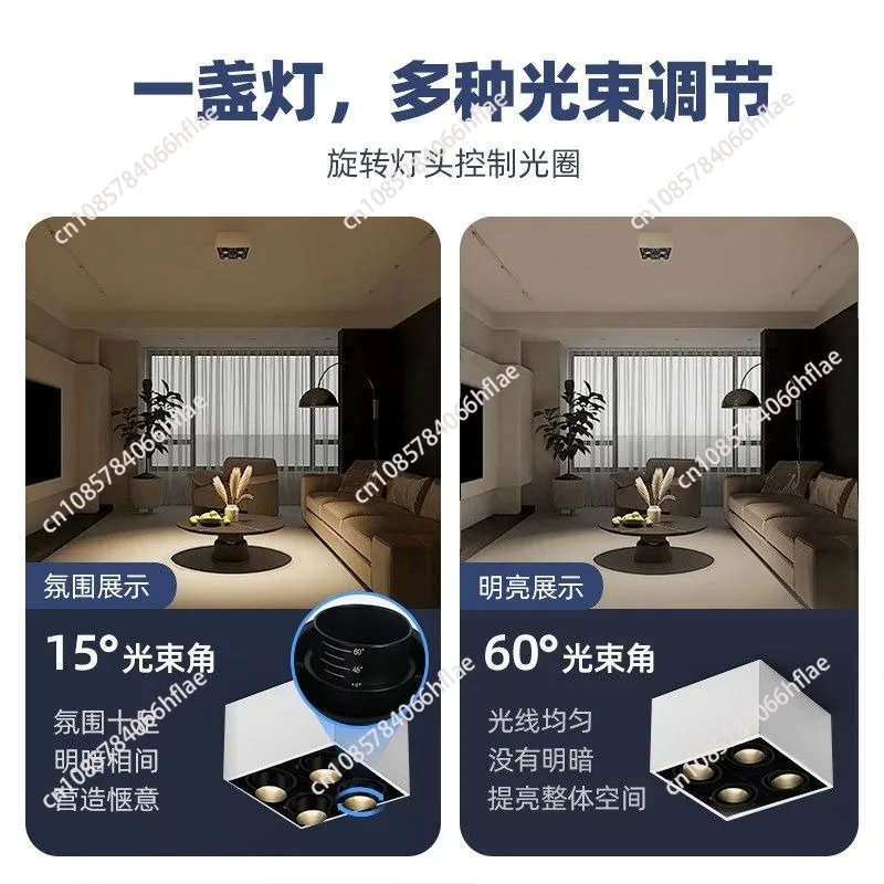 Exposed LED Four-head Spotlight, Living Room Anti-glare Ceiling Light, Adjustable Angle Box Light