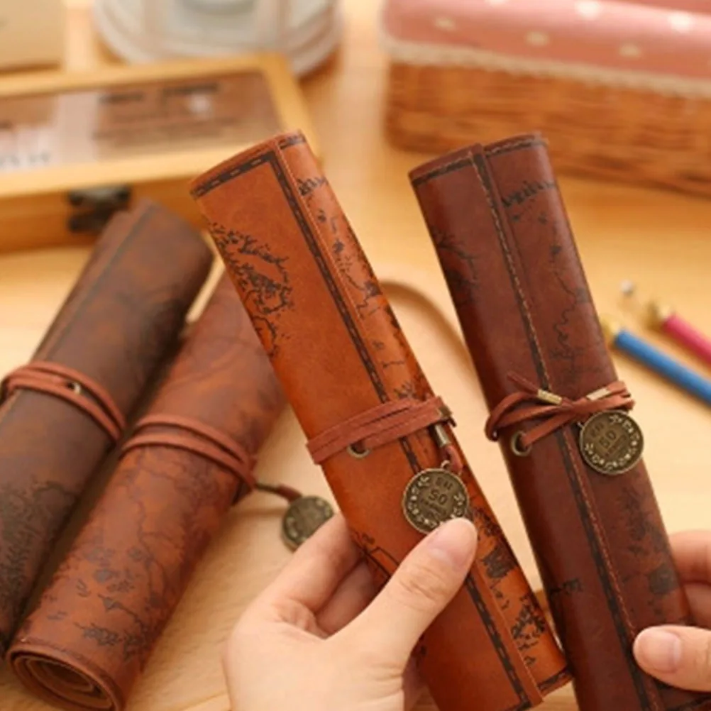 

2Pcs Roll Up Pencil Case Vintage Map Pattern Pen Bag Storage Pouch Makeup Bag Portable Pen Organizer Stylish Smooth
