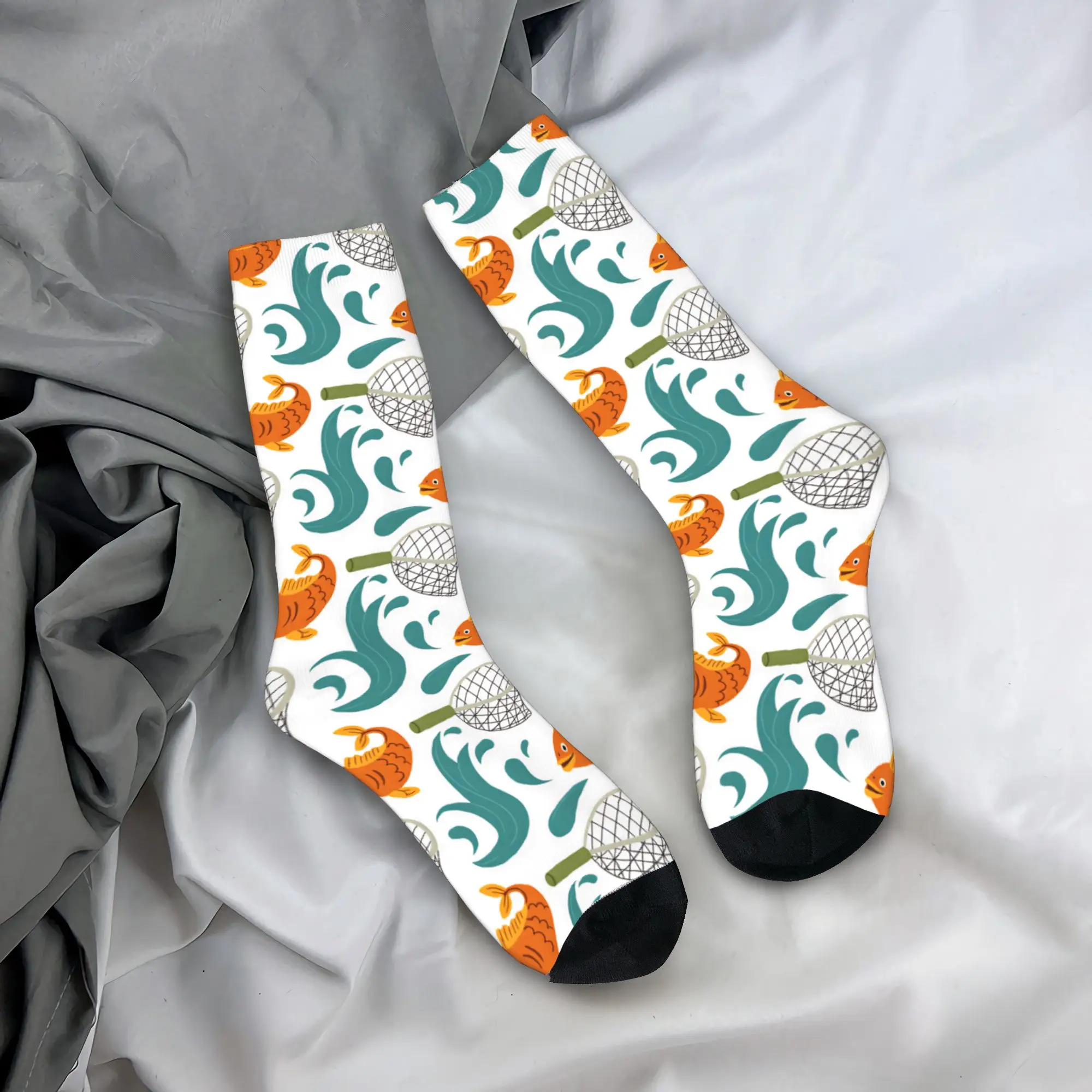 Unisex Men Socks Carp Fish Landing Net Water Splash Seamless Pattern  Stockings Winter Vintage Socks Cycling Anti Sweat Socks