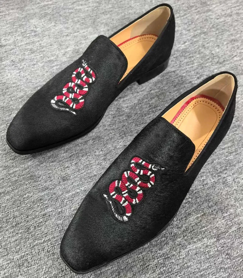 

British Style Fashion Black Leather Loafers Luxury Man Horsehair Shoes With Embroidered Snake Slip-on Dress Casual Shoes