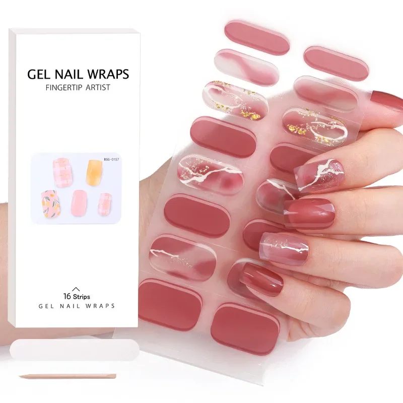 16Tips Gel Nail Sticker Full Sticker Stamping for UV Light Nail Decals Flower Macaron Strip Wraps Waterproof Nail Design