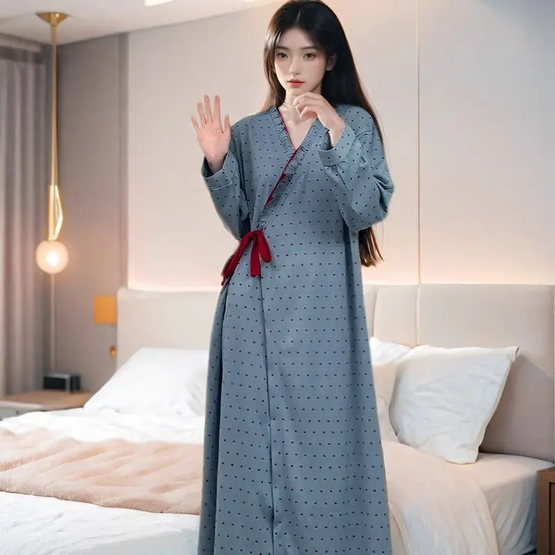 

Spring Autumn New Long-sleeved Loose Nightgown V-neck Long Large-size Home Clothes Pajamas Women Korean Reviews Many Pijama Cute