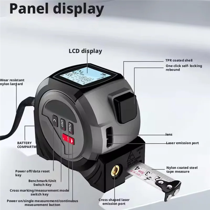 A88E-Pengukur Jarak Laser Inframerah dengan Penggaris Pita Pengukur - Layar LCD Digital, Alat Akurasi Tinggi 3-In-1