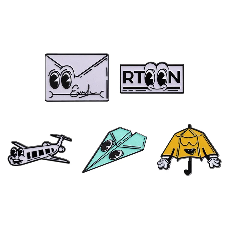 Cartoon Character Enamel Pins Set Cute Envelope Airplane Umbrella Paper Plane Brooch Funny Vintage Badge for Backpack Lapel Pin