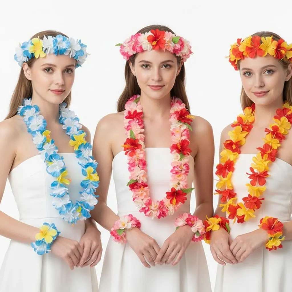 Conjunto de 4 peças Luau Flower Leis – Colares e tiara de flores de seda artificial – Lembrancinhas para festas na praia tropical e adereços para cabine de fotos