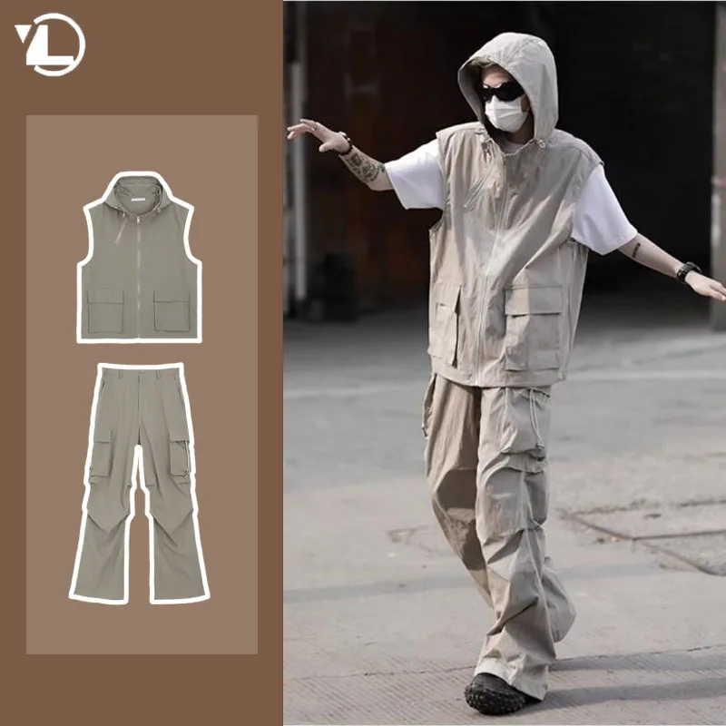 Summer Casual Sleeveless Set Men Hip Hop Loose Hooded Vest+Pockets Straight Leg Cargo Pants 2-piece Outdoors Sports Camp Suit