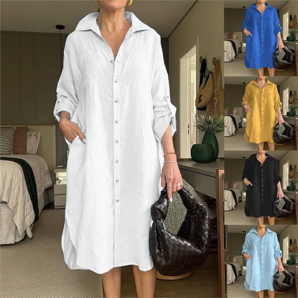 Casual Solid Color Loose Shirt Long Sleeved Women's Dresses New Spring Summer Fashion  Bagged Roll Sleeves Cardigan Female Dress
