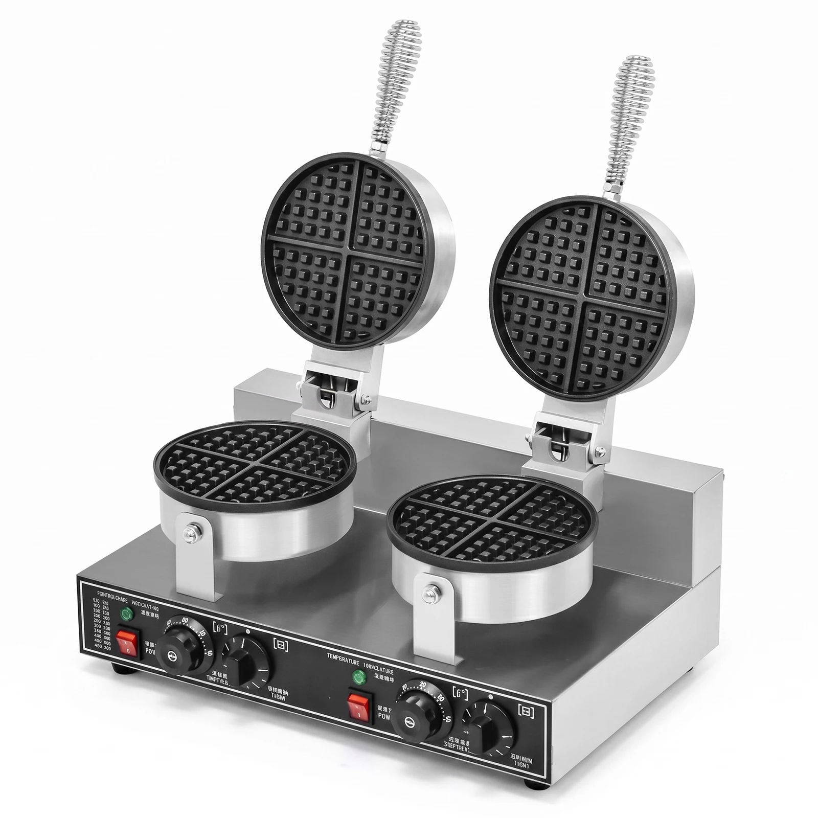 Kommerzielles rundes Waffeleisen mit Doppelkopf, 1200W, belgisches Waffeleisen mit antihaftbeschichteter Backfläche, Temperatur- und Zeitregelung für Restaurant, Bäckerei, Snackbar.