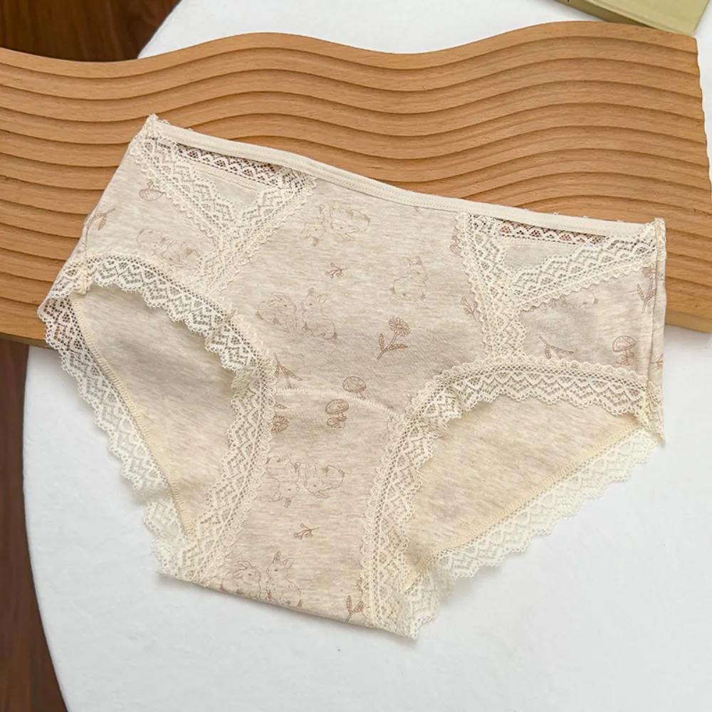 

Fashion Transparent Lace Cotton Panties Seamless Mid Waist Underwear for Women Bear Printing Floral Lace Briefs Gifts