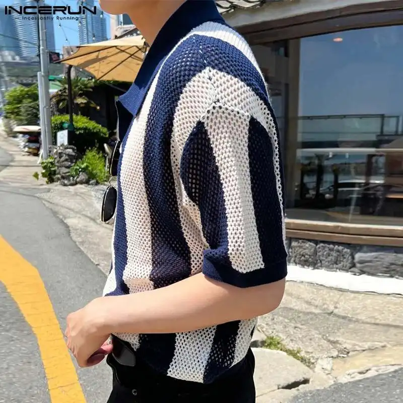 INCERUN Men Shirt Striped Lapel Short Sleeve Hollow Out See Through Casual Men Clothing Summer Streetwear 2024 Fashion Shirts