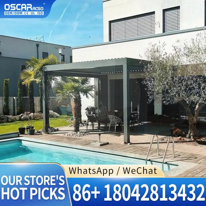 

4*6 м Роскошные современные уличные регулируемые алюминиевые жалюзи на крыше, светодиодные биоклиматические для сада, патио, балкона, жалюзи, беседки