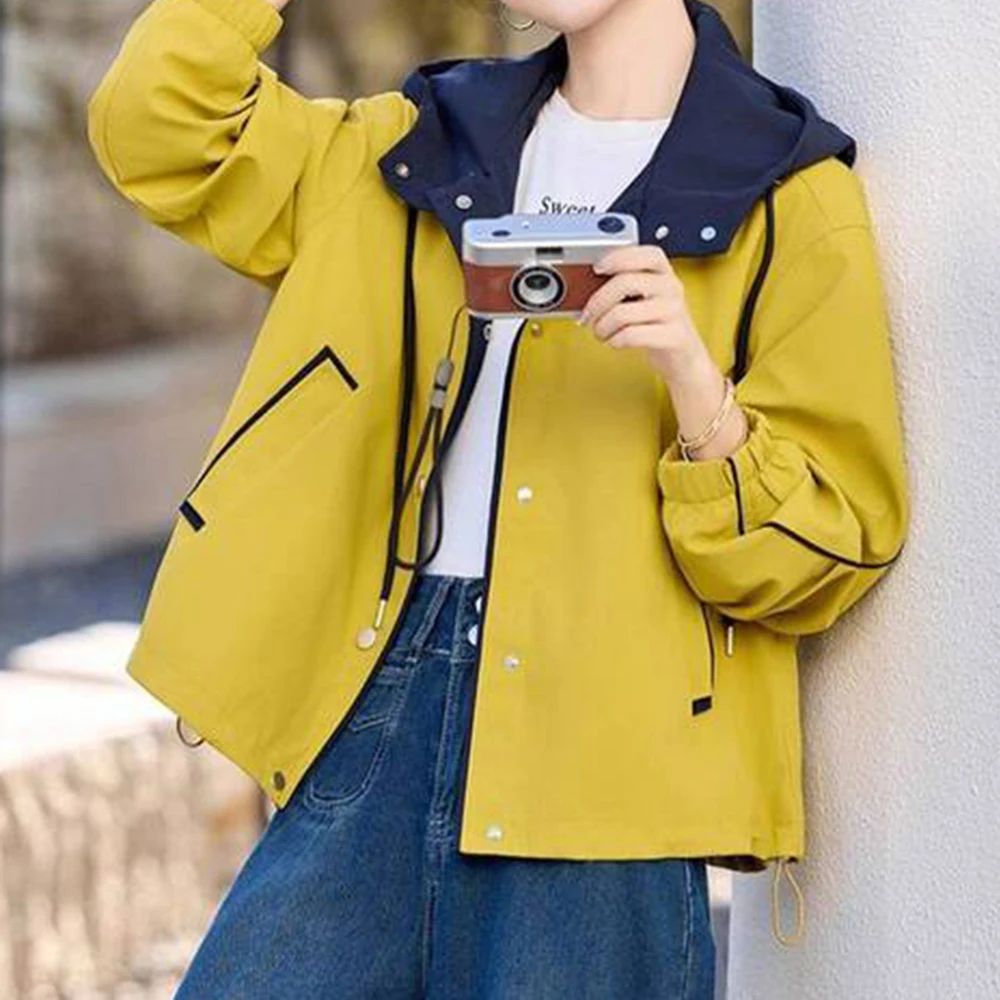Hooded trench coat for women, 2026 spring/autumn new loose, slimming, fashionable, color-blocking, stylish casual short jacket