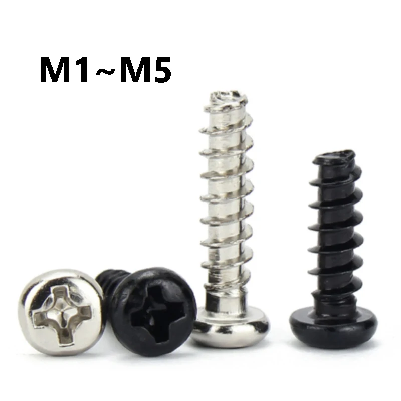 20~500Pcs Cross Phillips Round Head Flat End Self Tapping Screws M1 M1.2 M1.4 M1.7 M2 M2.6 M3 M3.5 M4 M5 Black/Nickel Plated