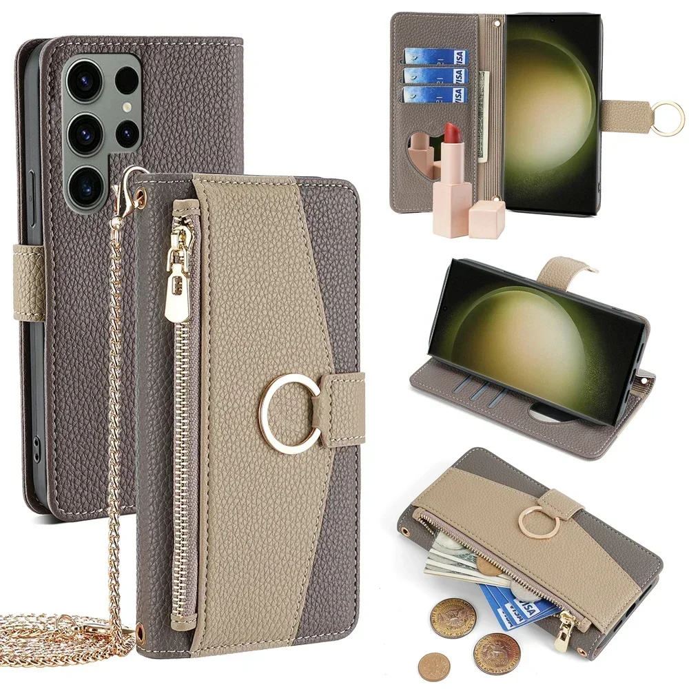 

Crossbody Wallet Case for Samsung Galaxy S24 Ultra S24 PLus S23 FE M34 A25 A15 A35 A55 5G A05 A05S Flip Cover with Metal chain