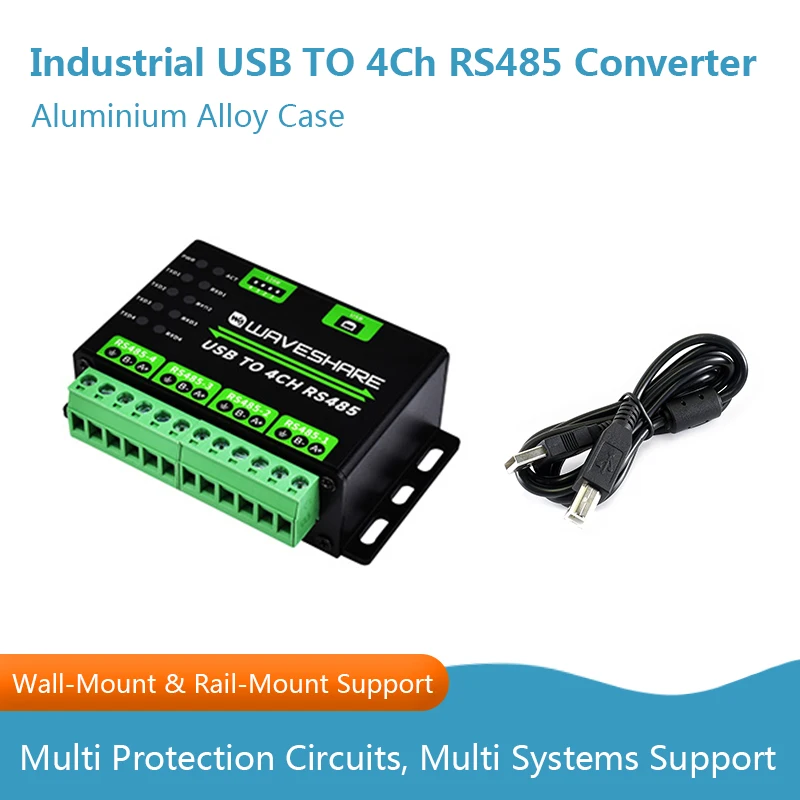 Industrial USB TO 4Ch RS485 Converter, Multi Protection Circuits, Multi Systems Support, Aluminium Alloy Case