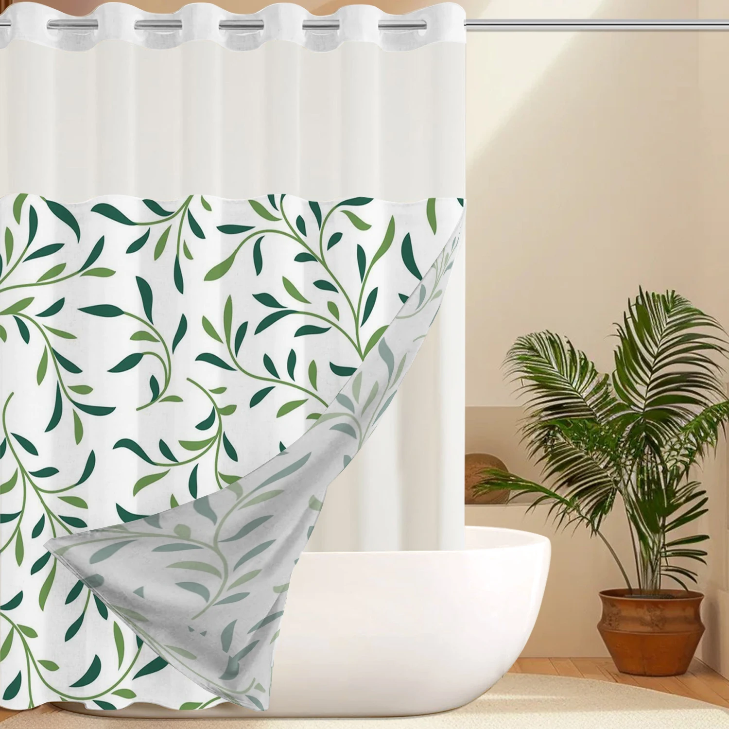 

No Hook green leave pattern Shower Curtain With Snap-in Fabric Liner, Sheer Top Window, Waterproof Double Layer Bathtub curtain