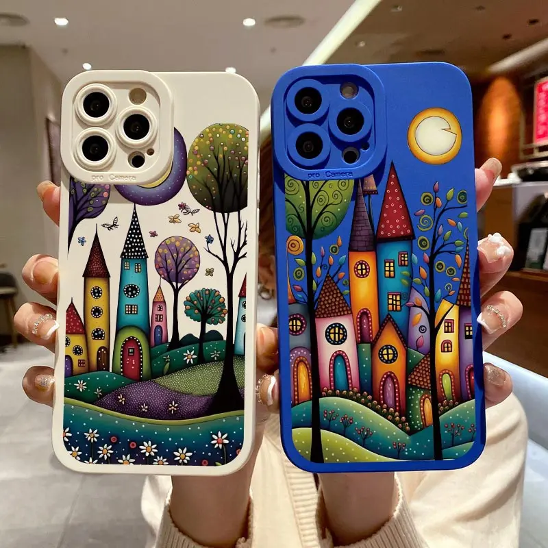 Hand Painted Forest House Phone Case For iphone14 Pro Max Plus 13 12 Pro Max 11 X XR XS 7 8 Plus SE 2020 Soft Silicon Back Cover