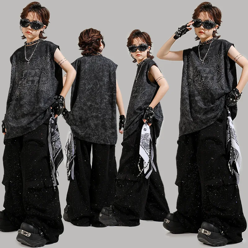 

Kid Kpop Hip Hop Clothing Stoned Long Tank Top Black Casual Silver Scatter Cargo Pants for Girl Boy Dance Wear Costume Clothes
