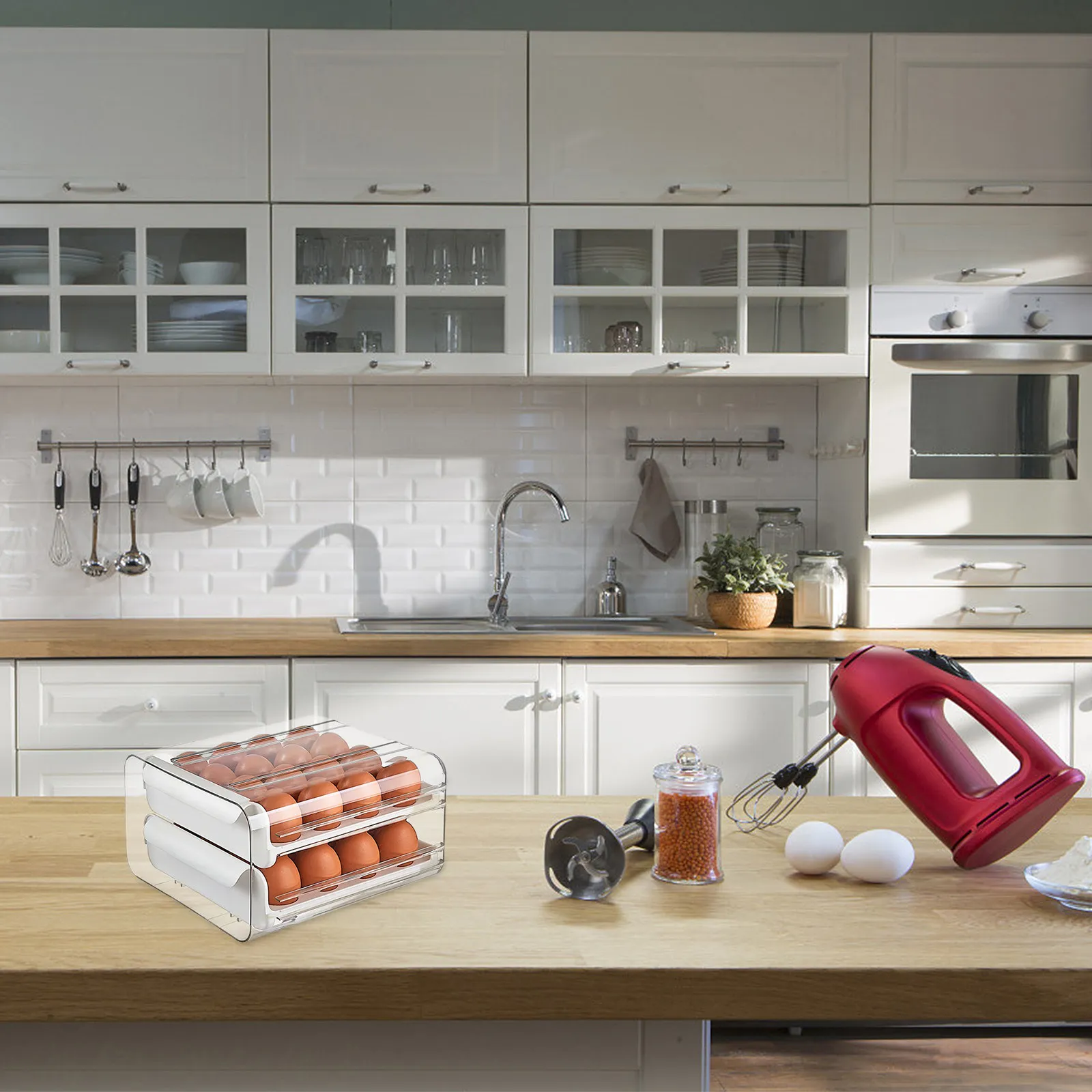 Refrigerator Drawer Style Clear Plastic Egg Storage Case Double 32 Compartments Egg Tray Organizer Space Saver