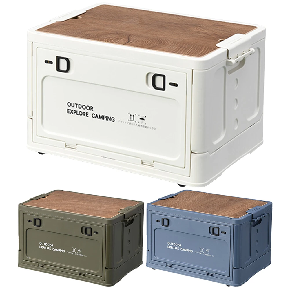 

30L Collapsible Storage Bin with Wooden Lid Household Storage Organizer Stackable Side Open Store Picnic Supplie Snacks and More