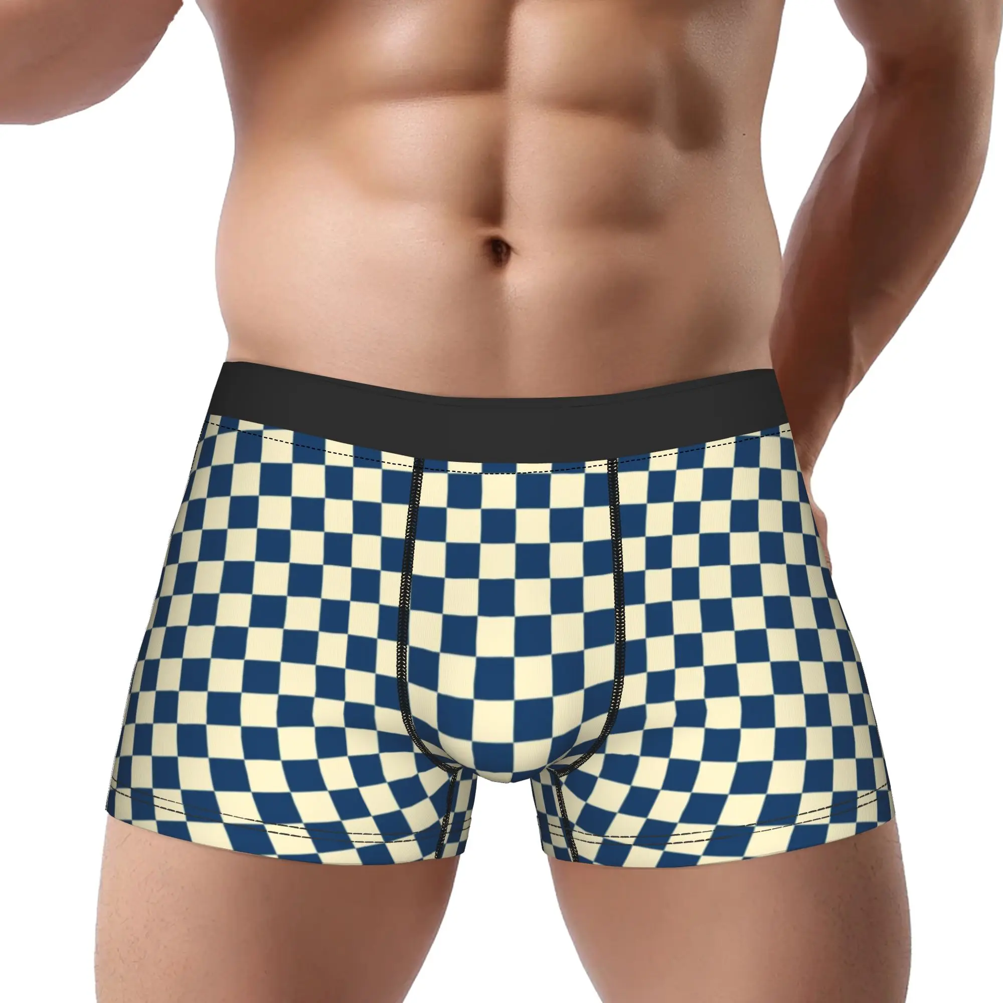 Navy White Checkered Chessboard Pattern  Underpants Homme Panties Male Underwear Comfortable Shorts Boxer Briefs