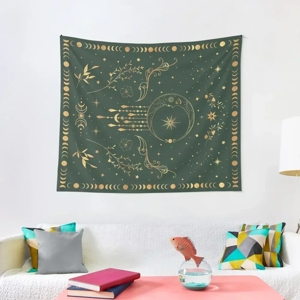 

Sage green and gold Celestial crescent moon with floral accents and moon phase tie dye Tapestry Room Design Tapestry